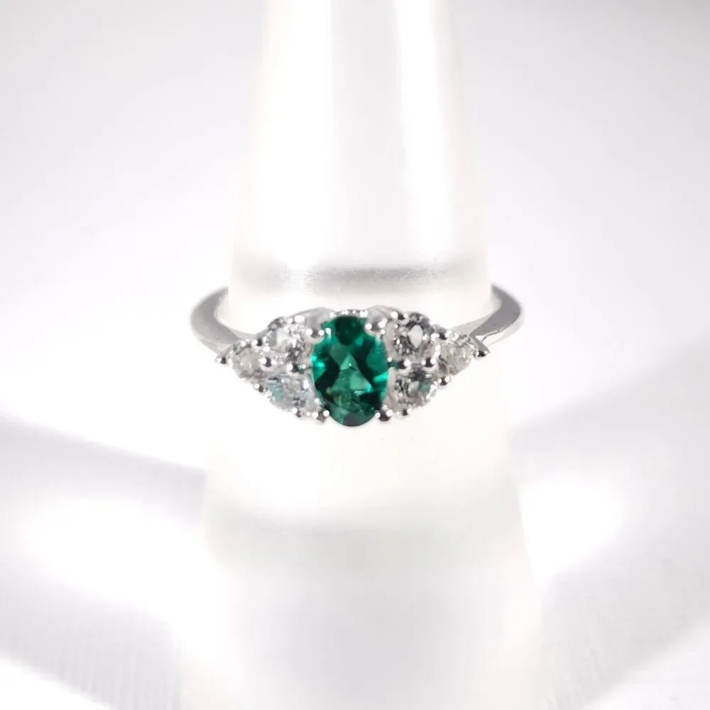 Emerald and White Topaz Ring Sterling Silver Size 6